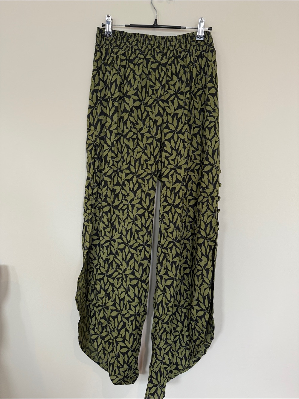 Wide Leg Green Leaf Print Pants